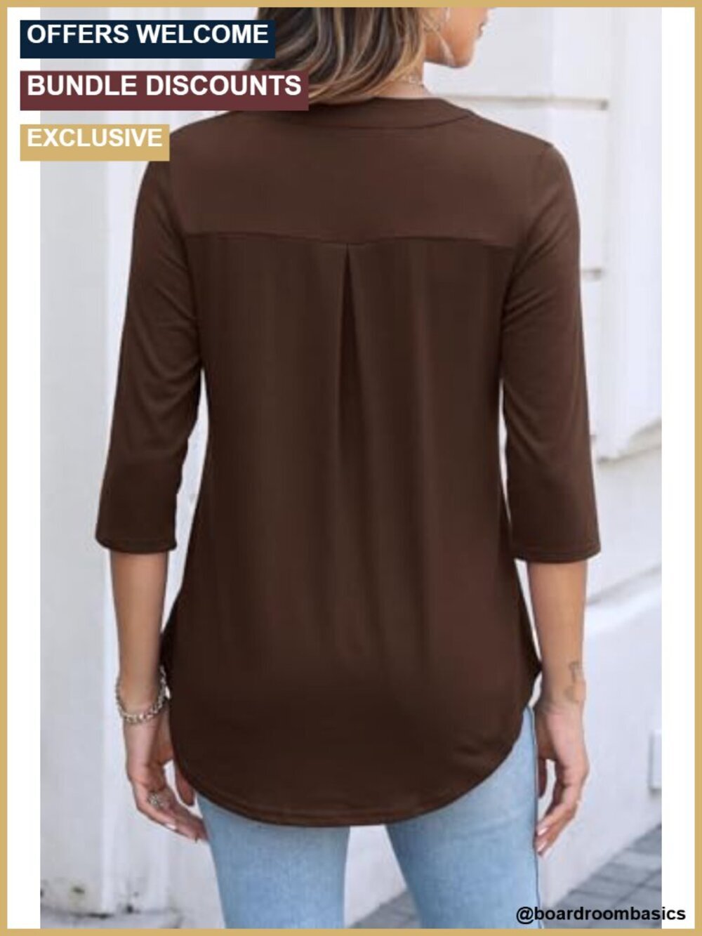 3/4 Sleeve V Neck Zip Flowy Tunic Top Blouse - Picture 4 of 5